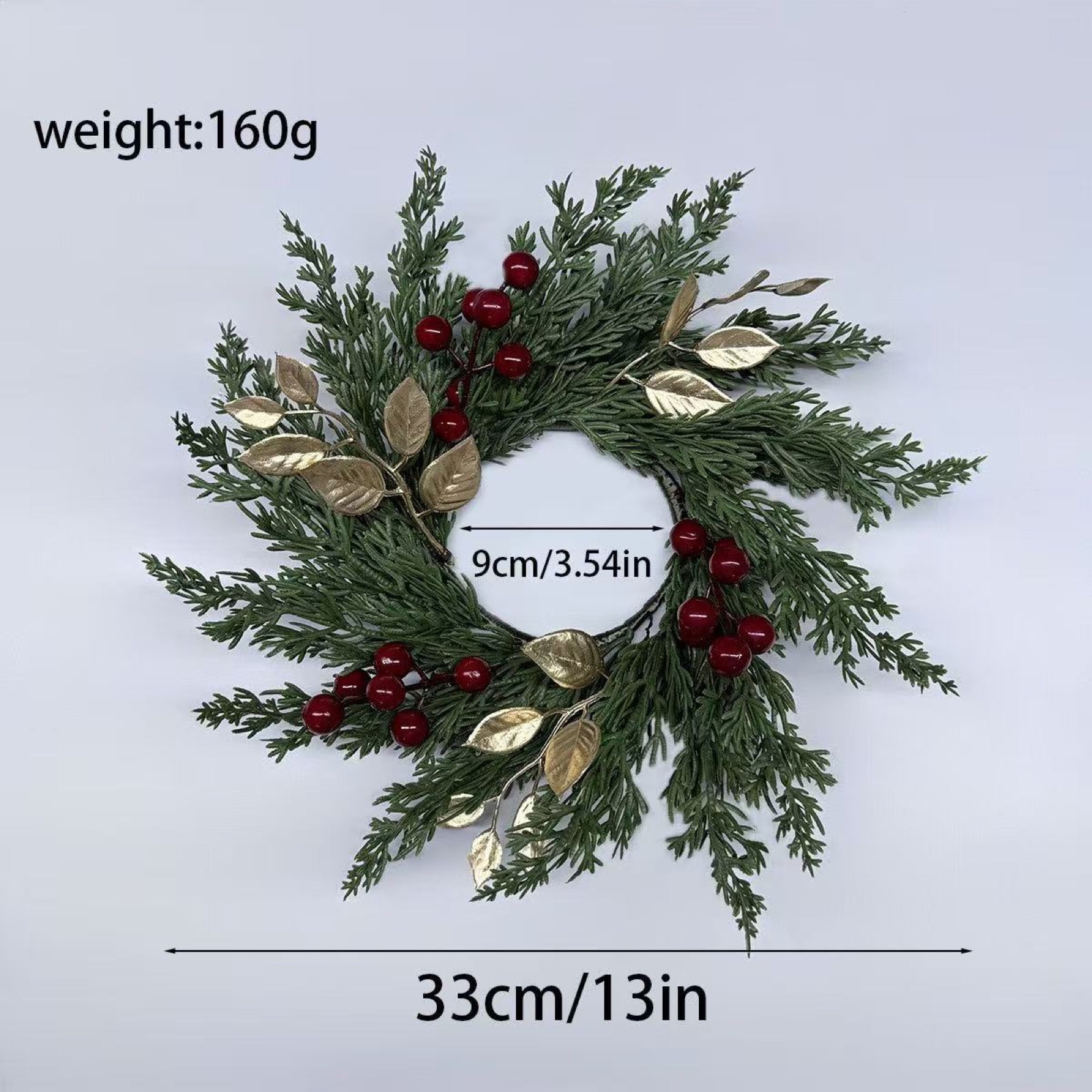 Green wreath with berry and gold leaves size specification