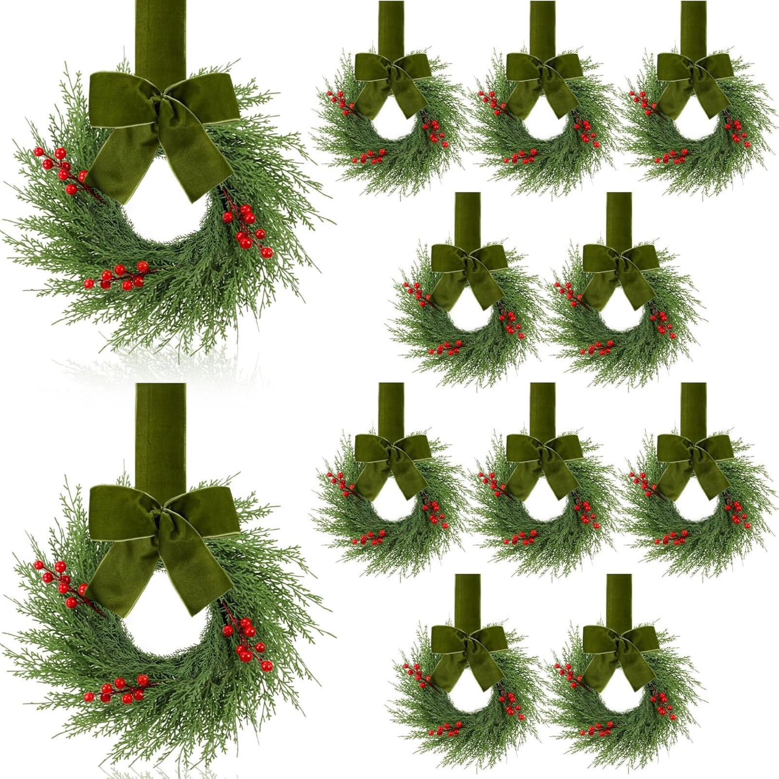 Set of green Christmas mini wreaths with ribbon